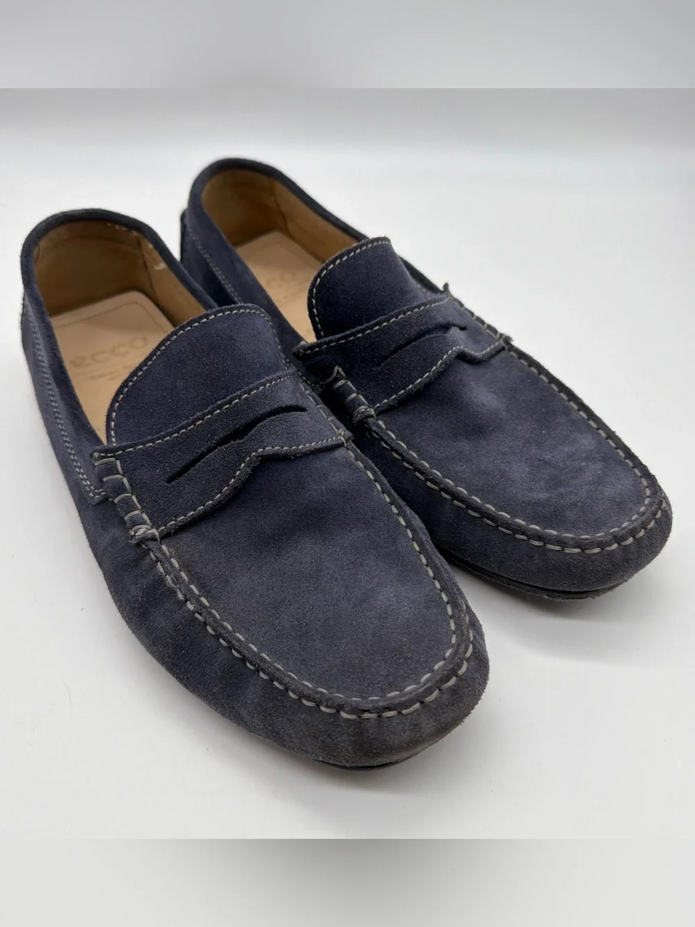 Ecco Dynamic EU 43 Mens 9-9.5 Womens 11 Blue Suede Penny Loafer Driving Moc READ